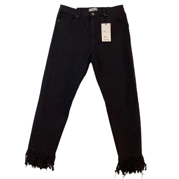 NWT Forever 21 High Rise Crop Ankle Fringe Hem Black Denim Jeans Size 29 - Picture 1 of 11